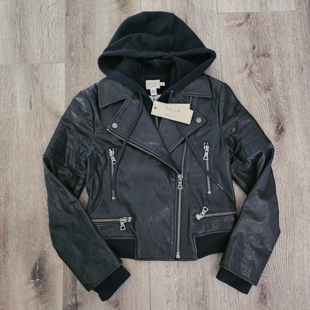 Alice + Olivia Hooded Lamb Leather Black Crop Moto Biker Jacket Size S NWT $995